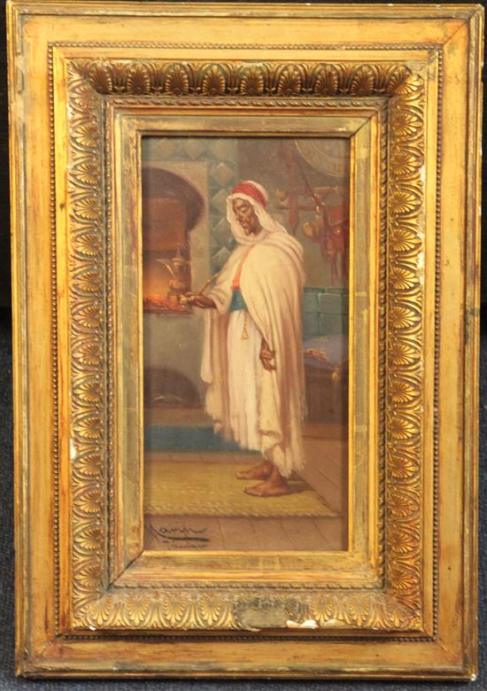Diego Marin Lopez (Spanish, 1865-?) Interior with Arab man holding a pipe 9.5 x 4.75in.